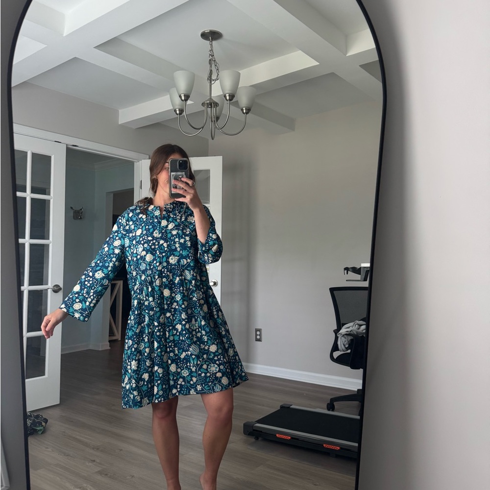 Tuckernuck Santorini Bloom Royal Floral & Flowy Shirt Dress 3/4 Sleeve Large